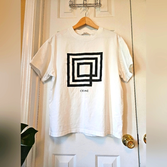 Celine White T-Shirt with Black Geometric Design - Picture 1 of 7